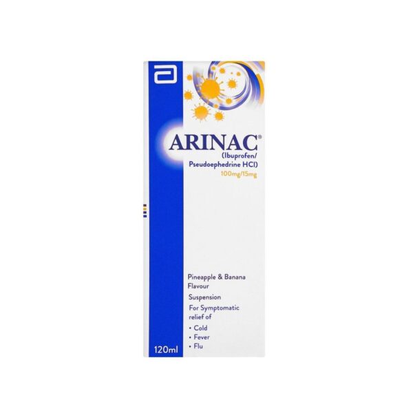 Abbott Arinac Syrup, 120ml, Ibuprofen and Pseudoephedrine box
