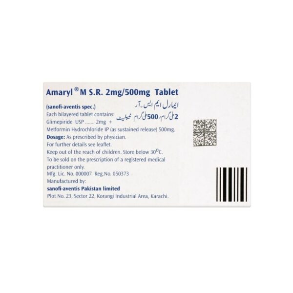 Amaryl M S.R Tablets, 2mg + 500mg, 30 Tablet Pack Box Back Side