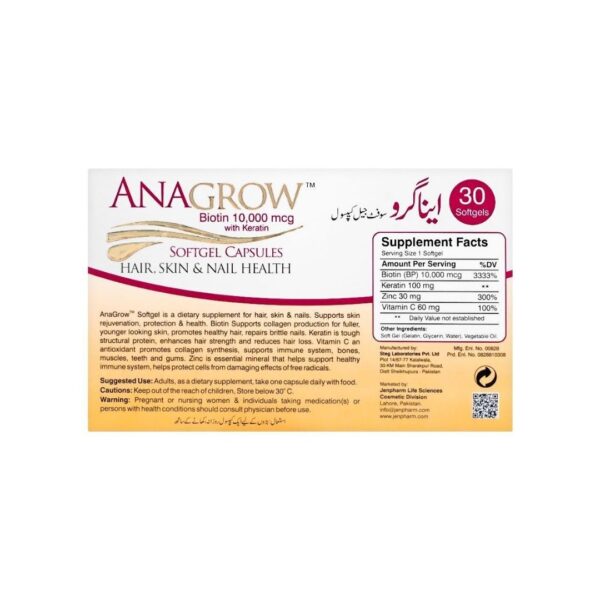 En Pharm Anagrow Biotin 10,000mcg with Keratin 30 Softgel Capsules Box back side