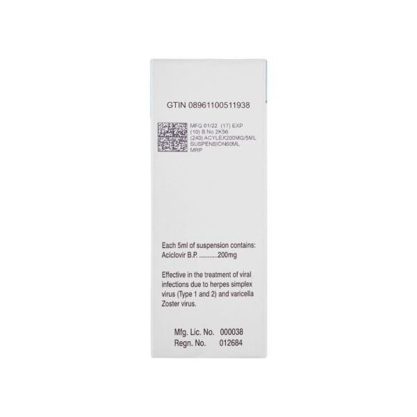 Ferozsons Acylex Suspension 60ml (Aciclovir Oral Suspension B.P. 200mg5ml) Back side