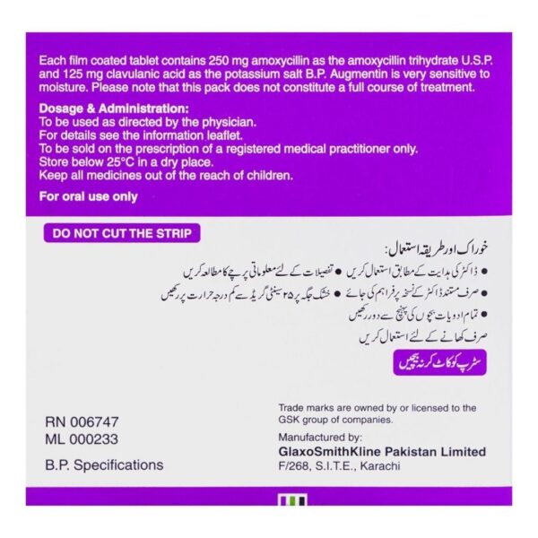 GSK Augmentin Tablets, 375mg, 6-Pack Back Box