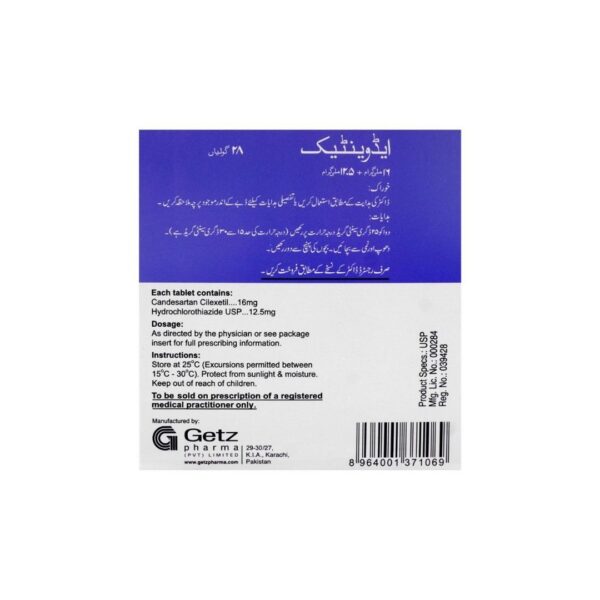 Getz Pharma Advantec Tablets, 16mg12.5mg, 1-Strip Back Box