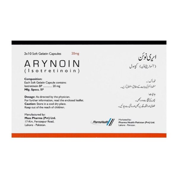 Mass Pharma Arynoin Capsules, 20mg, 30 Soft Gelatin Pack Box Back Side