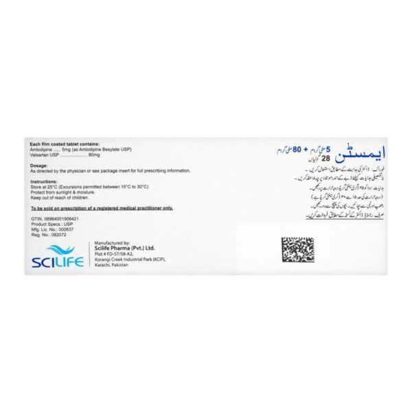 Scilife Amstan Tablets, 5mg + 80mg, 28 Tablet Pack Box Back Side