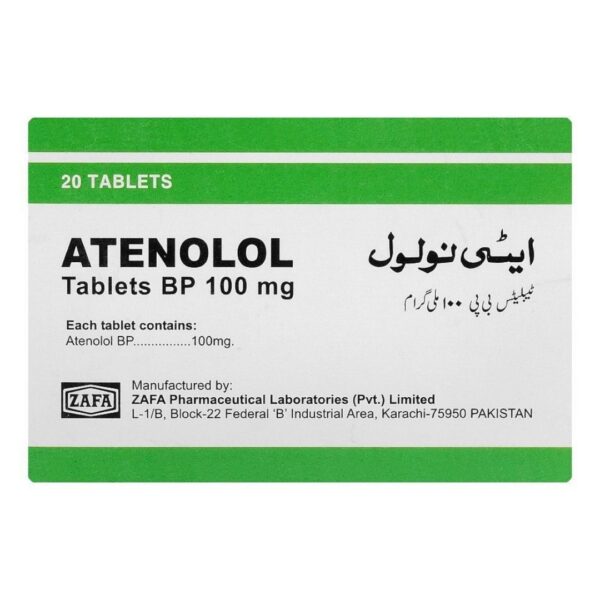 Zafa Atenolol Tablets, 100mg, 20 Tablet Pack Box Front side