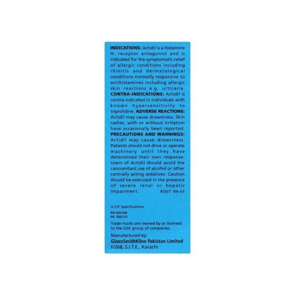 GSK Actidil Elixir (Triprolidine HCl Anti-Allergic Syrup) – 60ml Back side of the box