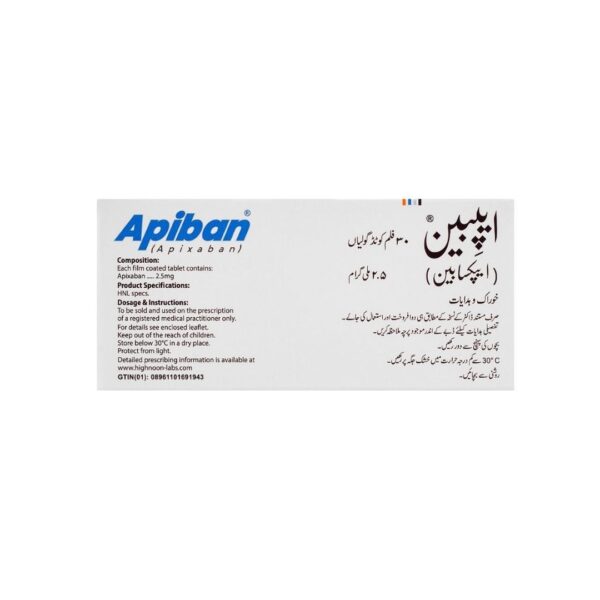 Highnoon Apiban 2.5mg (Apixaban Tablets) – 30 Pack back side of the box