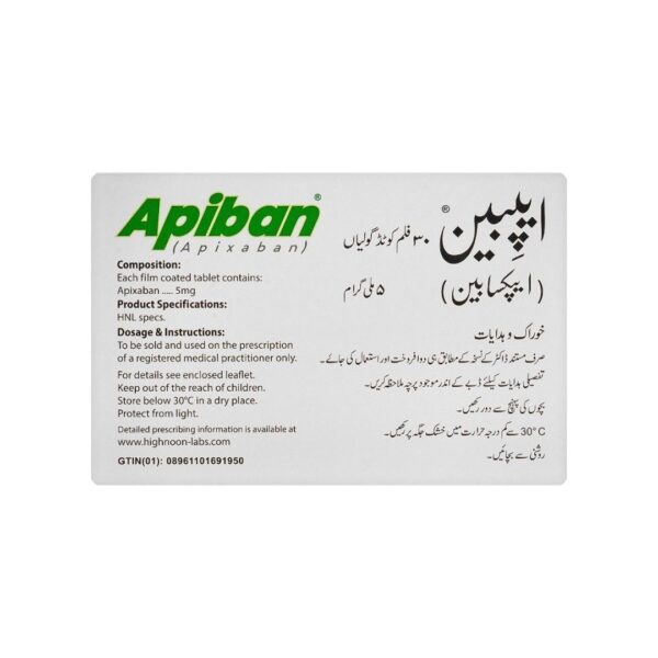 Highnoon Apiban 5mg (Apixaban Tablets) – 30 Pack Back side of the box