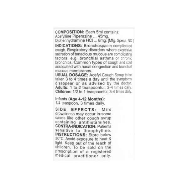 NabiQasim Acefyl Cough Syrup 125ml (Acefylline Piperazine & Diphenhydramine HCl) Back side of the box
